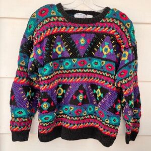 Northern Isles Hand Knit Sweater Vtg Y2K 1990's Petite Medium w/Shoulder Pads
